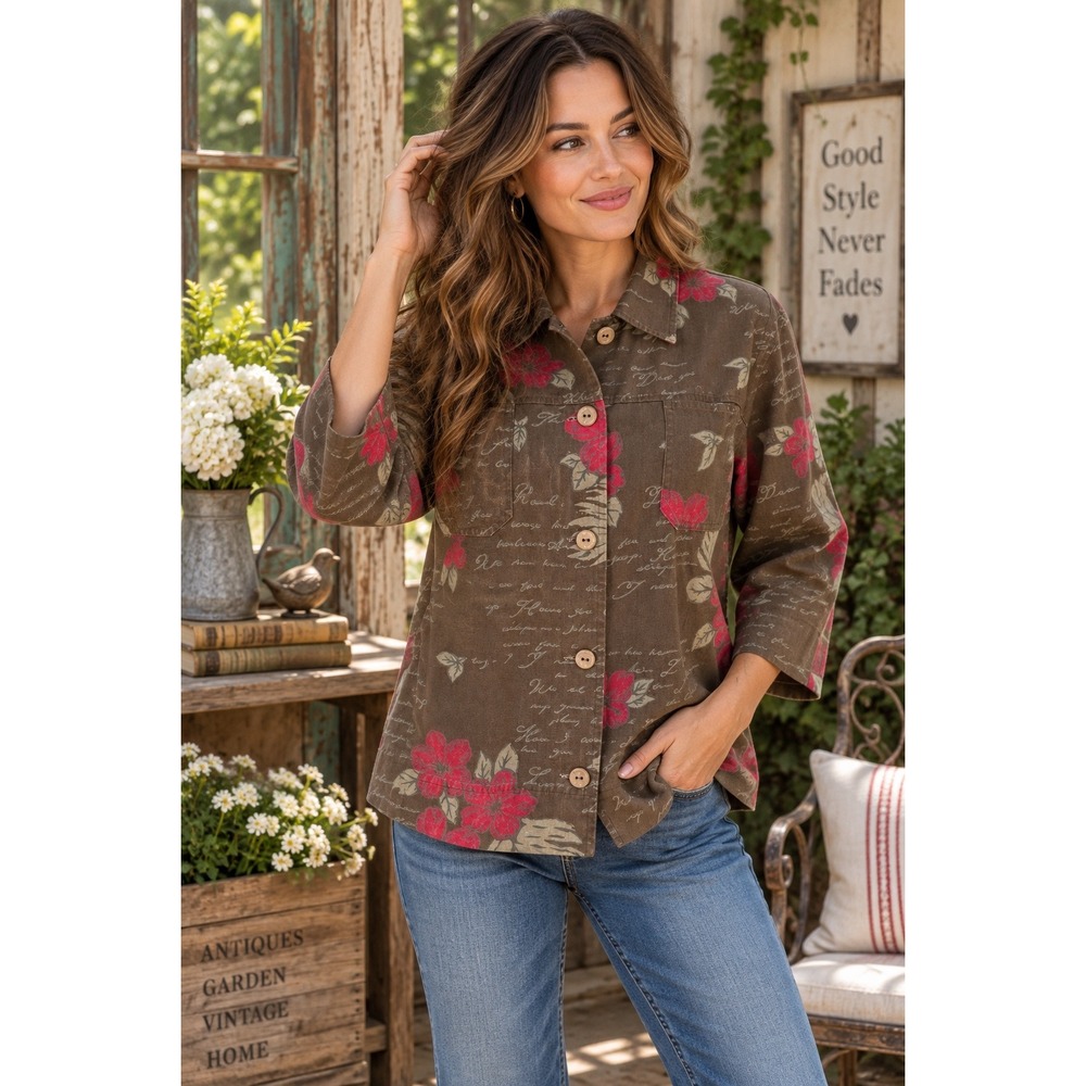 Hearts of Palm Cottagecore Garden‎ Floral Script Button Front Jacket